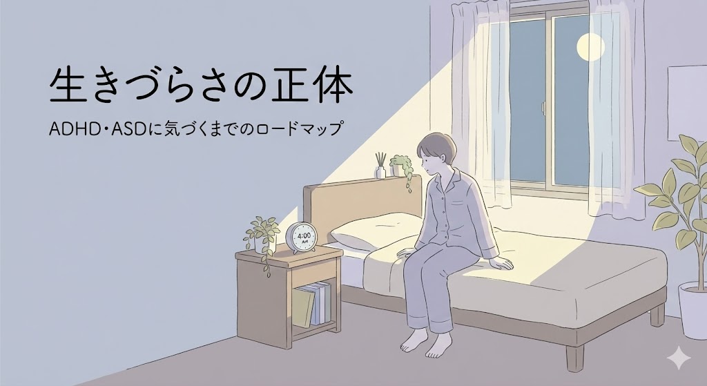 ADHD・ASDに気づくまでの道のりを描いた静かな夜のイラスト（4時の時計を見る人物）