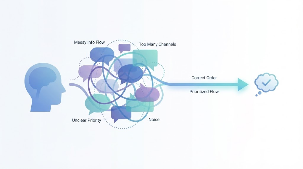 情報の順番が乱れて認知コストが高くなる様子と、整理された伝達が対比された抽象ビジネスイラスト