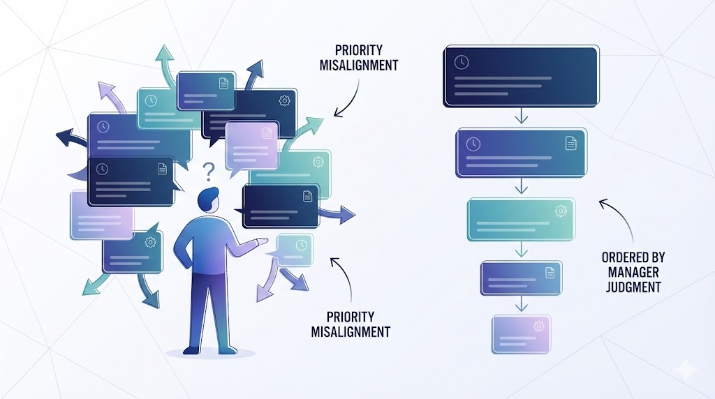 優先順位が乱れた状態と、上司判断で整えられた状態を対比した抽象ビジネスイラスト