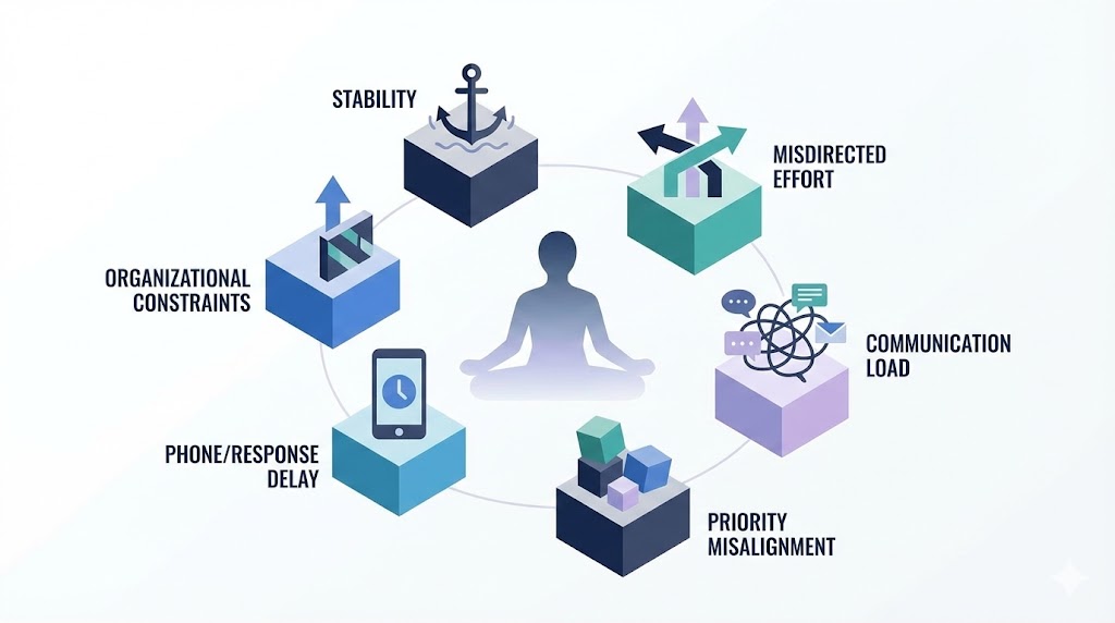 昇進を妨げる6つの落とし穴を象徴的に配置した抽象ビジネスイラスト