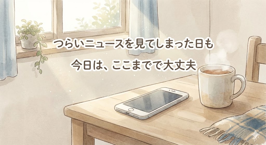 つらいニュースを見て気持ちが沈んだときに、少し休むことを伝えるやさしいアイキャッチ画像